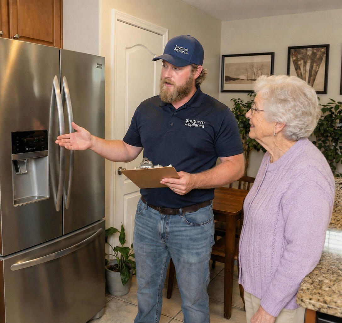 Southern Appliance repair technician discussing refrigerator repair with customer.